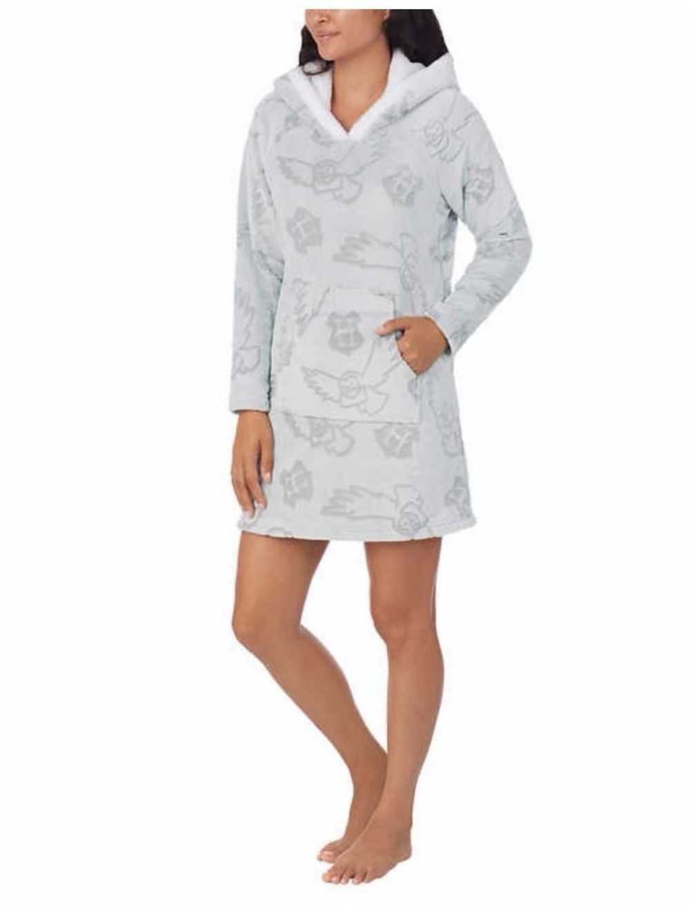 Harry Potter Cozy Hooded Plush Lounge Dress in Light Gray size small
